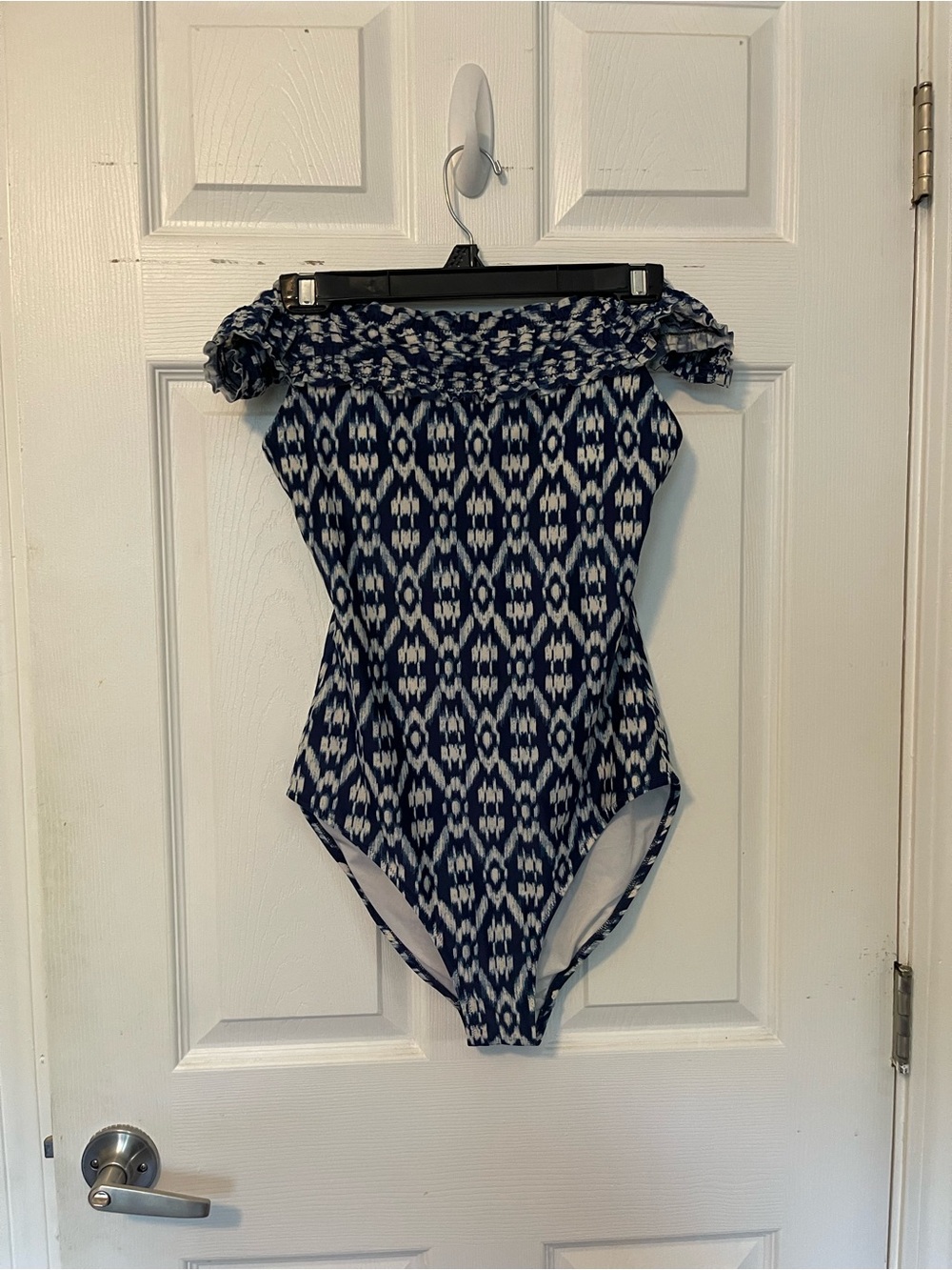 Old Navy Navy and White Off-Shoulder One-Piece Swimsuit